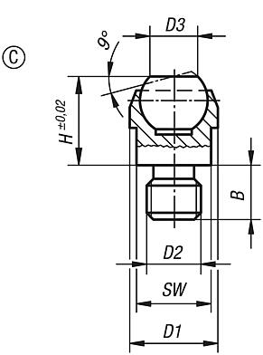 Soportes con bola oscilante, forma C, con rosca exterior, bola aplanada, plana