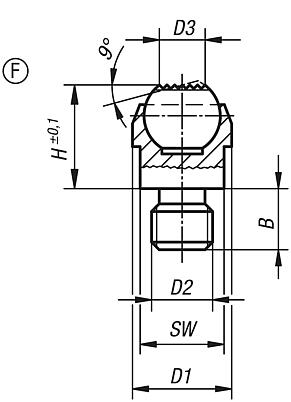 Soportes con bola oscilante, forma F, con rosca exterior, bola aplanada, con acanaladura