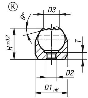 Soportes con bola oscilante, forma K, con asiento de ajuste, bola aplanada, con inserción de metal duro