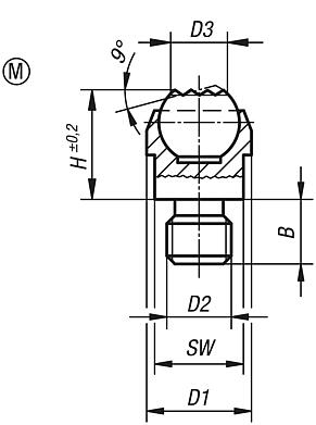 Soportes con bola oscilante, forma M, con rosca exterior, bola aplanada, con acanaladura