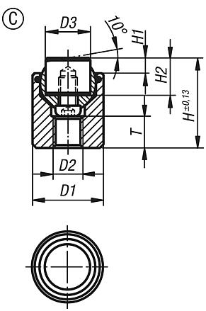 Soportes con bola oscilante con junta tórica e insertos intercambiables, forma C, inserto de acero aplanado,
plano