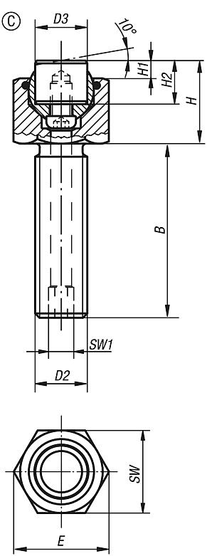 Soportes con bola oscilante ajustables con junta tórica e insertos intercambiables, forma C, inserto de acero aplanado, plano