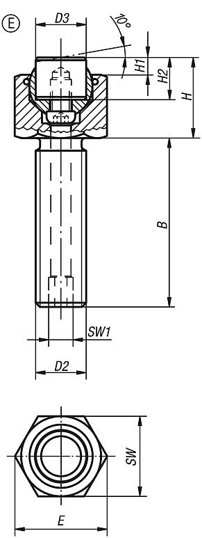 Soportes con bola oscilante ajustables con junta tórica e insertos intercambiables, forma E, inserto de acero inoxidable aplanado, plano