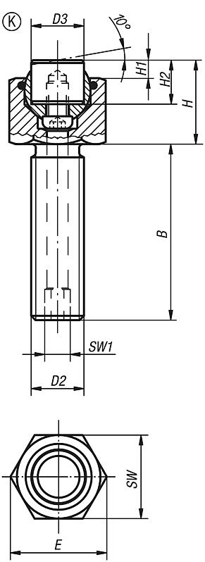 Soportes con bola oscilante ajustables con junta tórica e insertos intercambiables, forma K, inserto de POM aplanado, plano