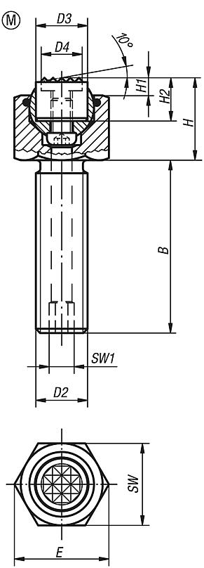 Soportes con bola oscilante ajustables con junta tórica e insertos intercambiables, forma M, pinza aplanada, con acanaladura de metal duro