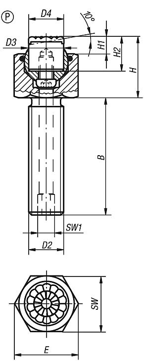 Soportes con bola oscilante ajustables con junta tórica e insertos intercambiables, forma P, inserto de acero inoxidable con superficie de poliuretano