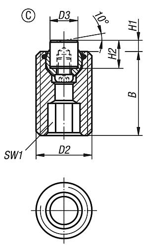 Soportes con bola oscilante ajustables con junta tórica, insertos intercambiables y hexágono interior, forma C, inserto de acero aplanado, plano