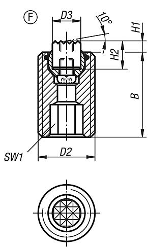 Soportes con bola oscilante ajustables con junta tórica, insertos intercambiables y hexágono interior, forma F, pinza aplanada, con acanaladura