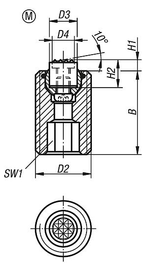 Soportes con bola oscilante ajustables con junta tórica, insertos intercambiables y hexágono interior, forma M, pinza aplanada, con acanaladura de metal duro