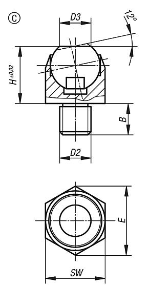 Soportes con bola oscilante, ángulo de inclinación 12°, forma C con rosca exterior, bola aplanada, plana