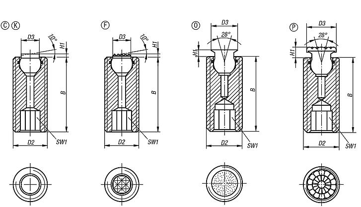 Soportes con bola oscilante ajustables con junta tórica y hexágono interior