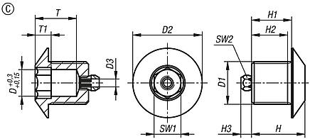 Casquillos de posicionamiento de acero o acero inoxidable para sensor de estado, forma C, con rosca y cono de entrada