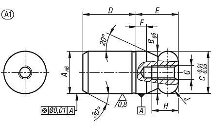 Perno de alojamiento con extremo esférico, forma A, rosca interior unilateral con orificio ciego