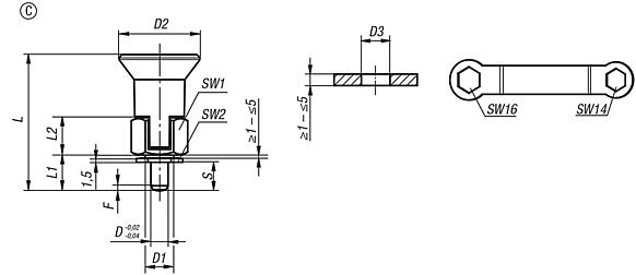 Perno de bloqueo para partes de pared fina, forma C