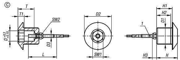 Casquillos de posicionamiento de acero o acero inoxidable con sensor de estado, forma C, con rosca y cono de entrada