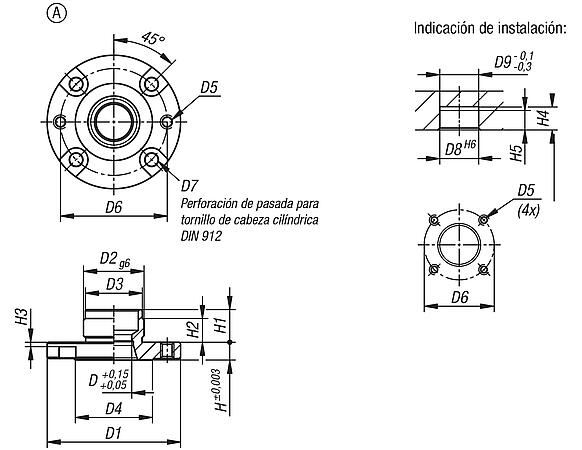 Casquillos receptores para cilindros de posicionamiento neumáticos, forma A