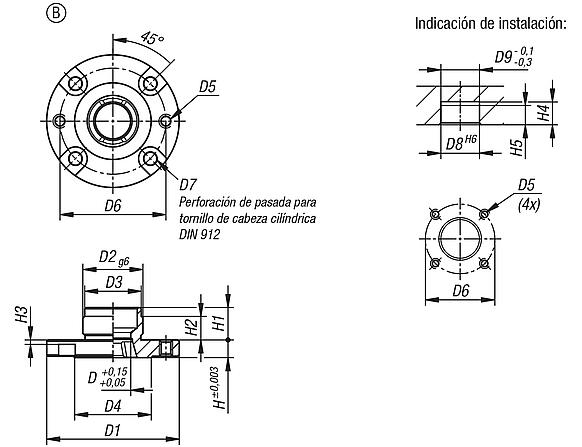 Casquillos receptores para cilindros de posicionamiento neumáticos, forma B