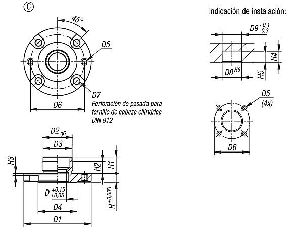 Casquillos receptores para cilindros de posicionamiento neumáticos, forma C