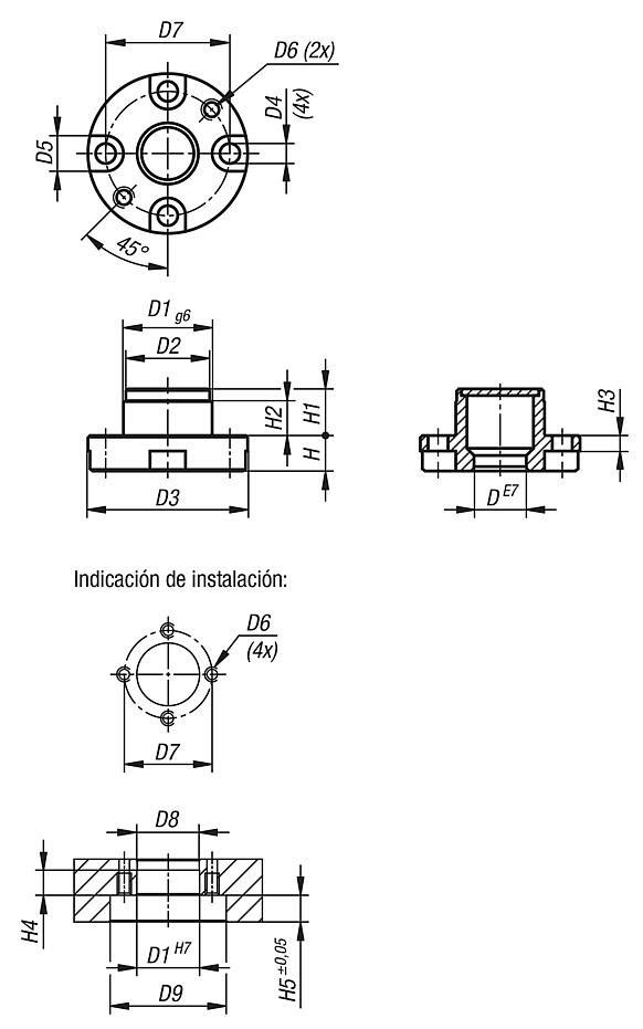 Casquillos receptores de acero, niquelados, para cilindro de posicionamiento neumático