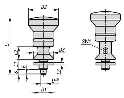 Pernos de bloqueo de acero inoxidable para arandelas de junta y apoyo Hygienic USIT® con botón de maniobra de acero inoxidable