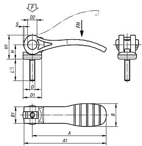 Palancas excéntricas con empuñadura de plástico y rosca exterior, acero o acero inoxidable, pulgadas