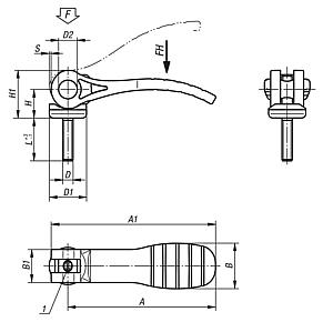 Palancas excéntricas ajustables de plástico con rosca exterior, arandela de presión de plástico y metal y tornillo prisionero de acero o acero inoxidable - inch