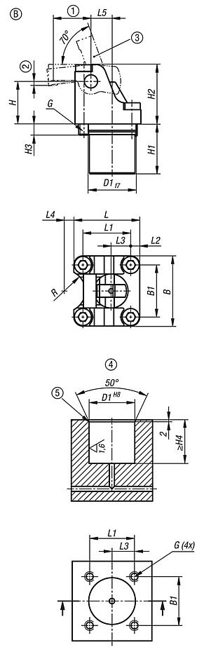 Abrazaderas de palanca giratoria y retroceso por muelle, hidráulicas, forma B, efecto simple