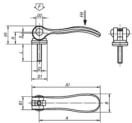 Palancas excéntricas de aluminio con rosca exterior, arandela de presión de plástico y tornillo prisionero de acero o acero inoxidable