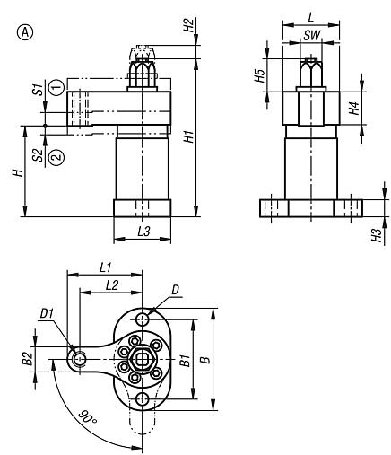 Dispositivos de sujeción pivotantes pesados, forma A con brazo de sujeción