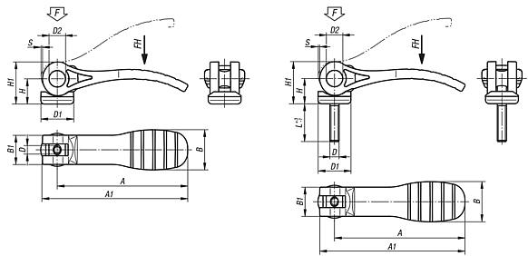 Palancas excéntricas de plástico con rosca interior y exterior, arandela de presión de plástico y metal y tornillo prisionero de acero o acero inoxidable - inch