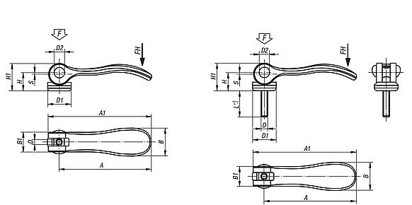 Palancas excéntricas de aluminio con rosca interior y exterior, arandela de presión de plástico y metal y tornillo prisionero de acero o acero inoxidable - inch