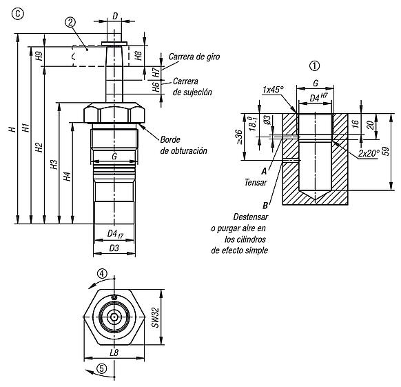 Dispositivos de sujeción pivotantes, hidráulicos compactos con retroceso por muelle y efecto simple o doble, forma C, rosca interna