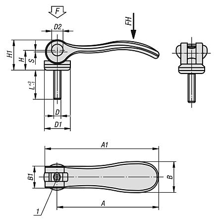 Palancas excéntricas ajustables de aluminio con rosca exterior, arandela de presión de plástico y metal y tornillo prisionero de acero o acero inoxidable - inch