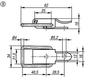 Cierres acodados de acero o acero inoxidable con brida de sujeción hasta 300N, perforaciones atornilladas ocultas, forma B