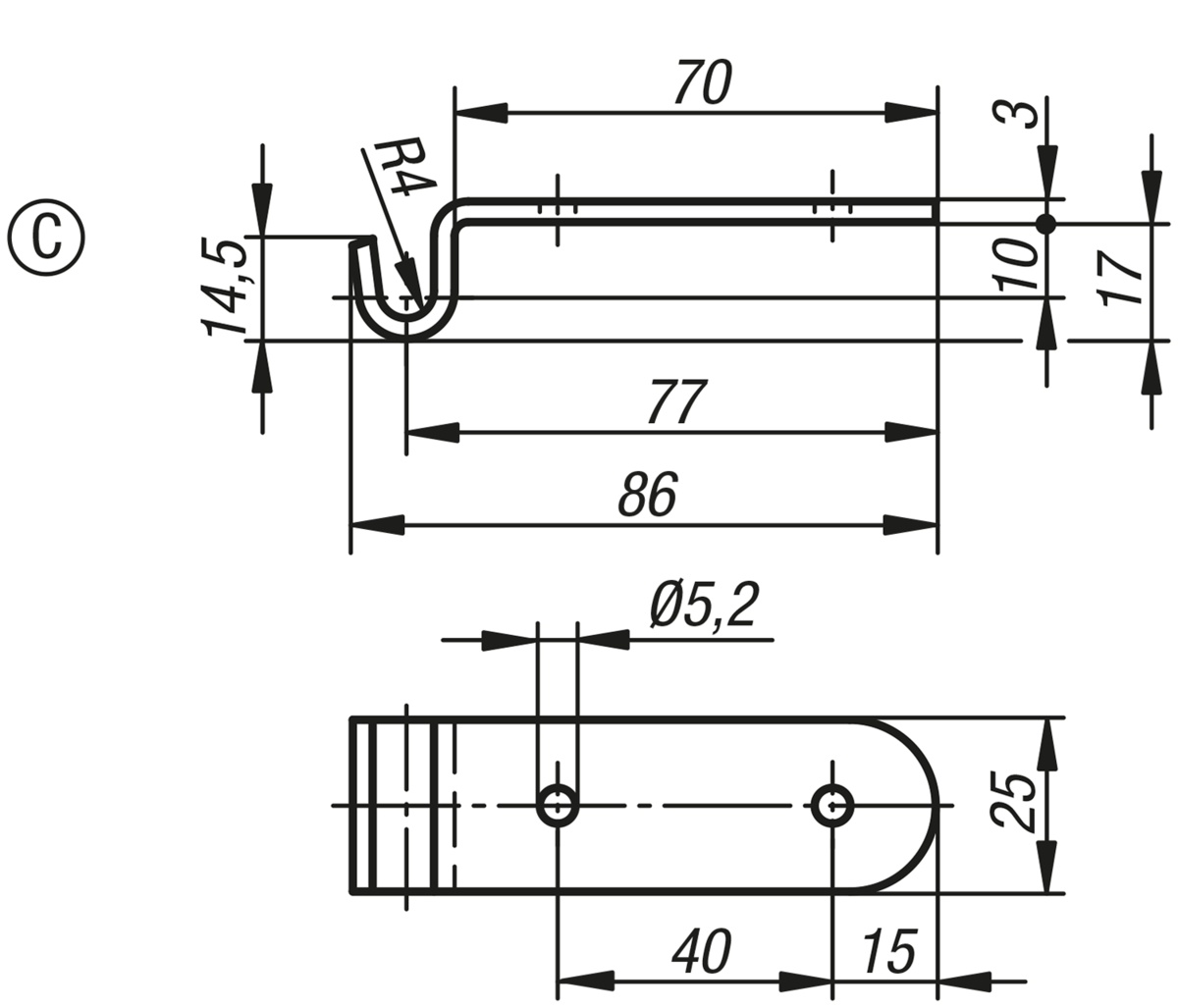 Placas de retención forma C, para cierres acodados con brida de sujeción