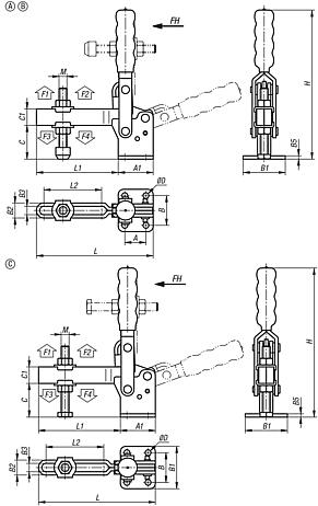 Dispositivos de sujeción rápida verticales de acero negro con pie horizontal y husillo de presión ajustable