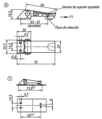 Cierres acodados de acero o acero inoxidable con estribo de chapa hasta 1000N, ajustables, perforaciones atornilladas visibles, versión corta, forma A, estándar