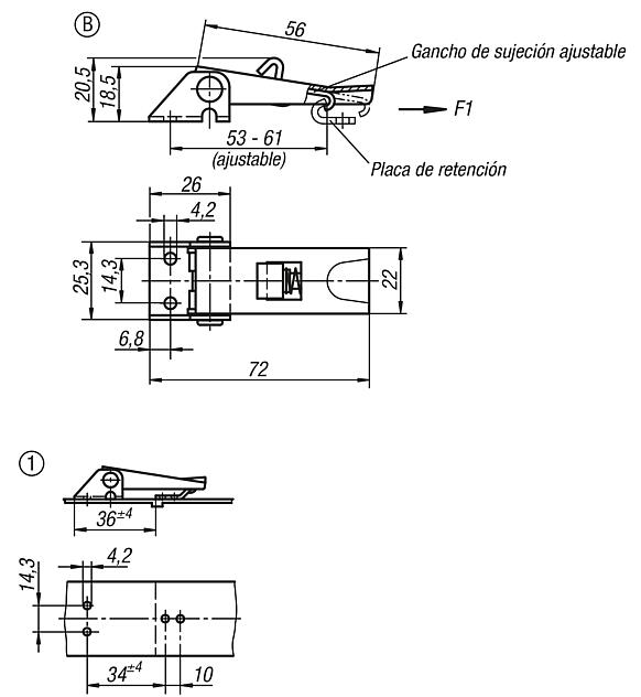 Cierres acodados de acero o acero inoxidable con estribo de chapa hasta 1000N, ajustables, perforaciones atornilladas visibles, versión corta, forma B, con seguro