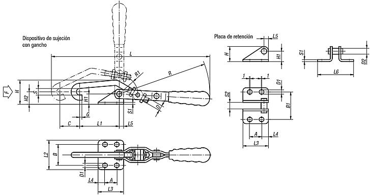 Dispositivos de sujeción con gancho y placa de retención