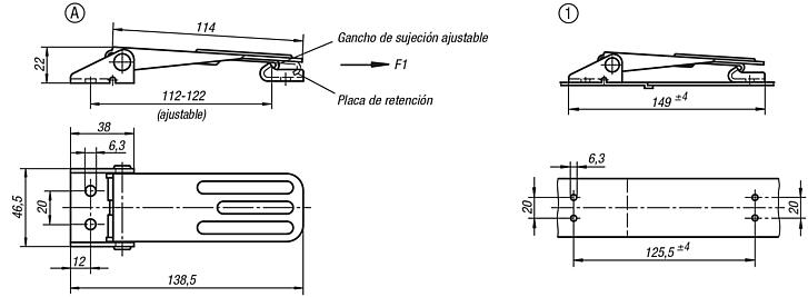Cierres acodados de acero o acero inoxidable con estribo de chapa hasta 4000N, ajustables, perforaciones atornilladas visibles, versión larga, forma A, estándar