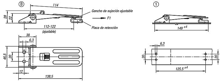 Cierres acodados de acero o acero inoxidable con estribo de chapa hasta 4000N, ajustables, perforaciones atornilladas visibles, versión larga, forma B, con seguro