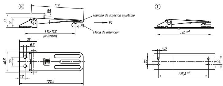 Cierres acodados de acero o acero inoxidable con estribo de chapa hasta 4000N, ajustables, perforaciones atornilladas visibles, versión larga, forma C, con ojal para cerrojo