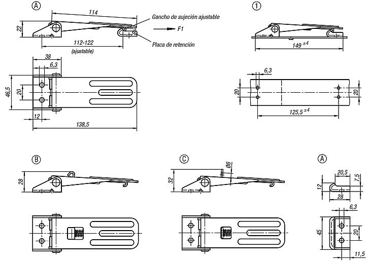 Cierres acodados de acero o acero inoxidable con estribo de chapa hasta 4000N, ajustables, perforaciones atornilladas visibles, versión larga