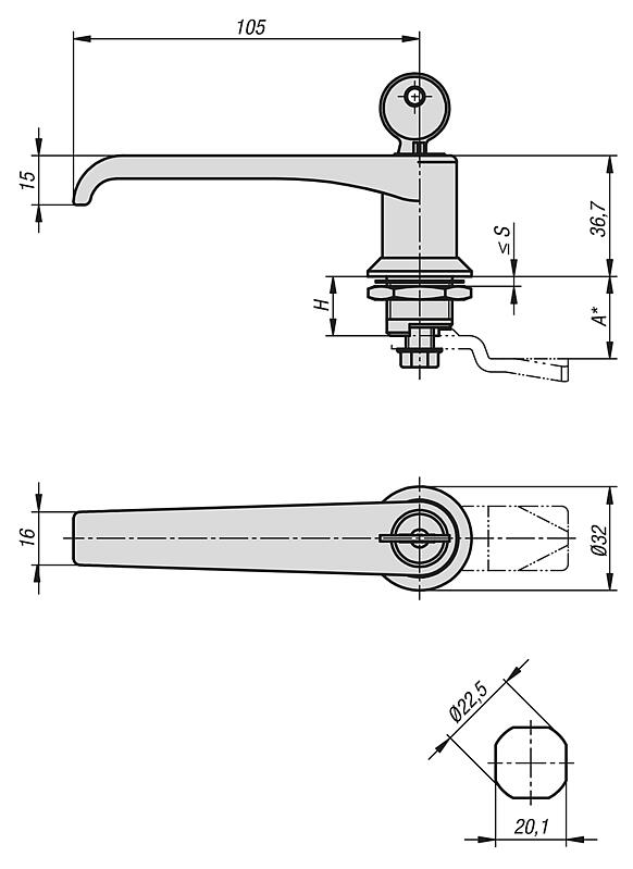 Cuartos de vuelta con empuñadura en L de zinc, diámetro de la carcasa 32 mm