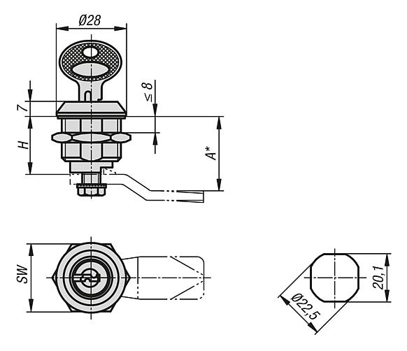 Cuartos de vuelta con llave, acero inoxidable 1.4401, diámetro de carcasa 28 mm
