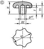 Empuñaduras en estrella DIN 6336 de fundición gris, forma C, agujero ciego, pulgadas