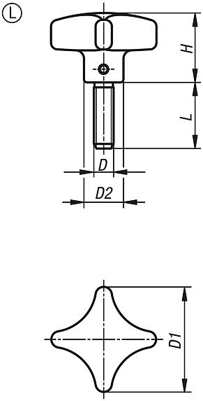 Empuñaduras en cruz similares a DIN 6335 de aluminio, forma L, con rosca exterior