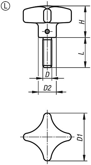 Empuñaduras en cruz DIN 6335 de fundición gris, forma L, con rosca exterior