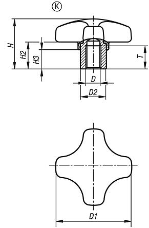 Empuñaduras en estrella cruz de plástico detectables VISUALMENTE con casquillo de acero saliente, forma K: casquillo roscado