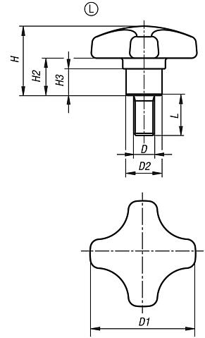 Palancas de sujeción de plástico detectable VISUALMENTE con casquillo de acero, forma L: rosca exterior